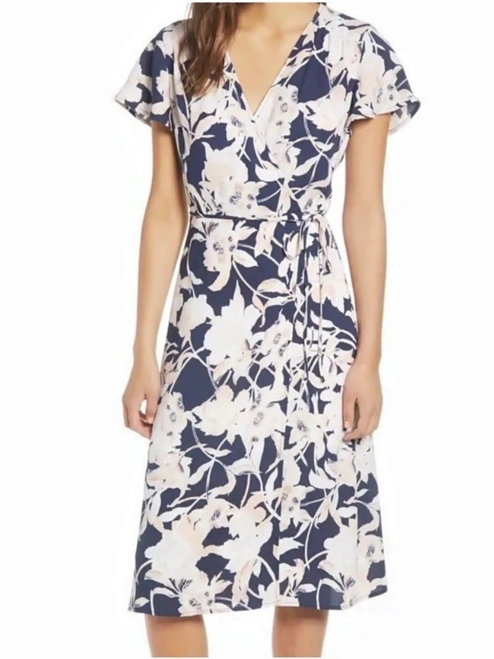 Leith Floral Flutter Sleeve Wrap Midi Dress Blue & Pink XL